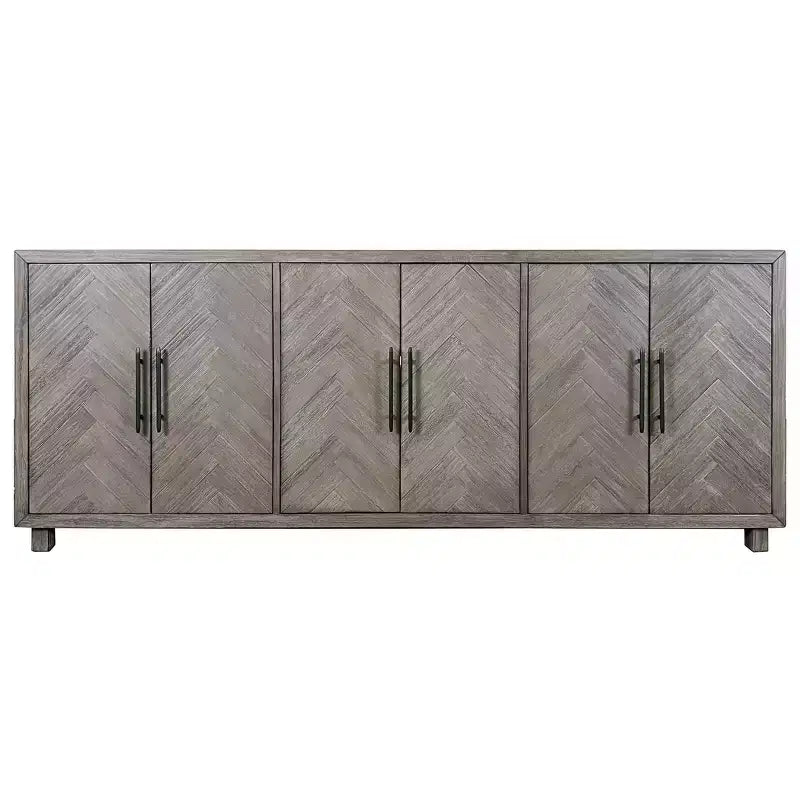 90" Six Door TV Stand with Herringbone Pattern and Iron Hardware