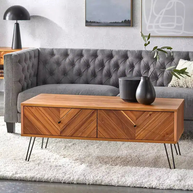 Mid Century Modern Rectangular 2-Drawer Coffee Table, Oak