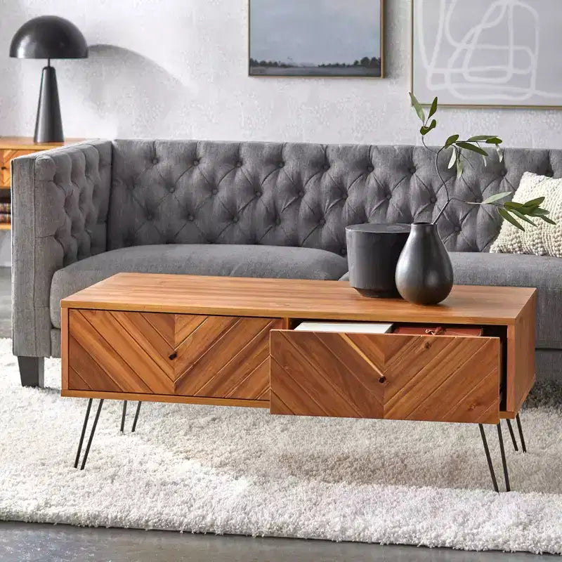 Mid Century Modern Rectangular 2-Drawer Coffee Table, Oak