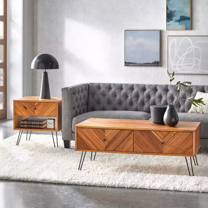 Mid Century Modern Rectangular 2-Drawer Coffee Table, Oak