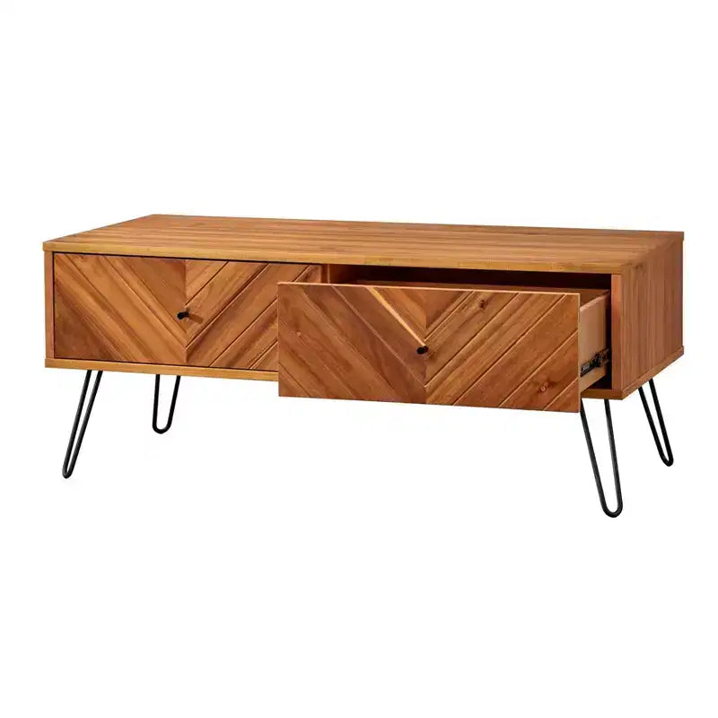 Mid Century Modern Rectangular 2-Drawer Coffee Table, Oak