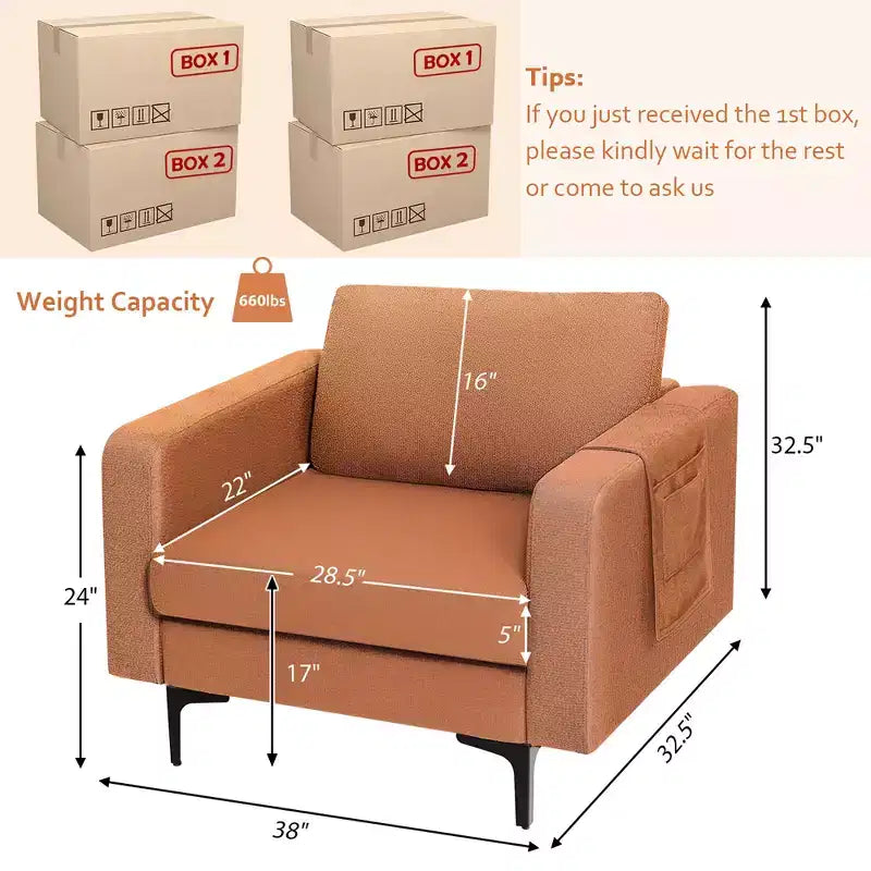 Set of 2 Fabric Accent Armchair Single Sofa with Side Storage Pocket