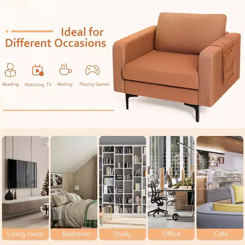 Set of 2 Fabric Accent Armchair Single Sofa with Side Storage Pocket