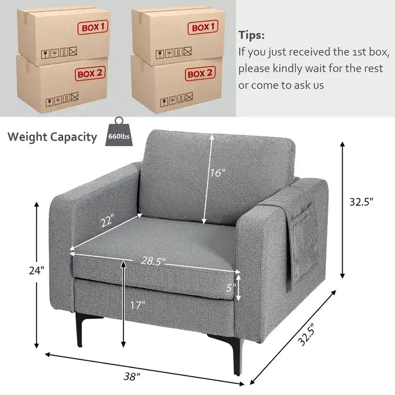 Set of 2 Fabric Accent Armchair Single Sofa with Side Storage Pocket
