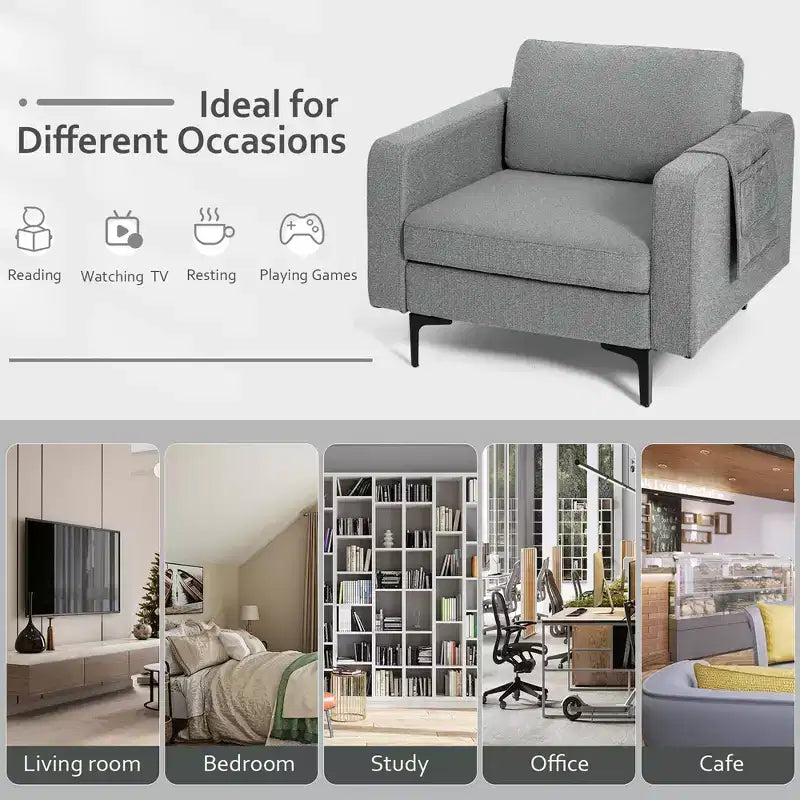 Set of 2 Fabric Accent Armchair Single Sofa with Side Storage Pocket