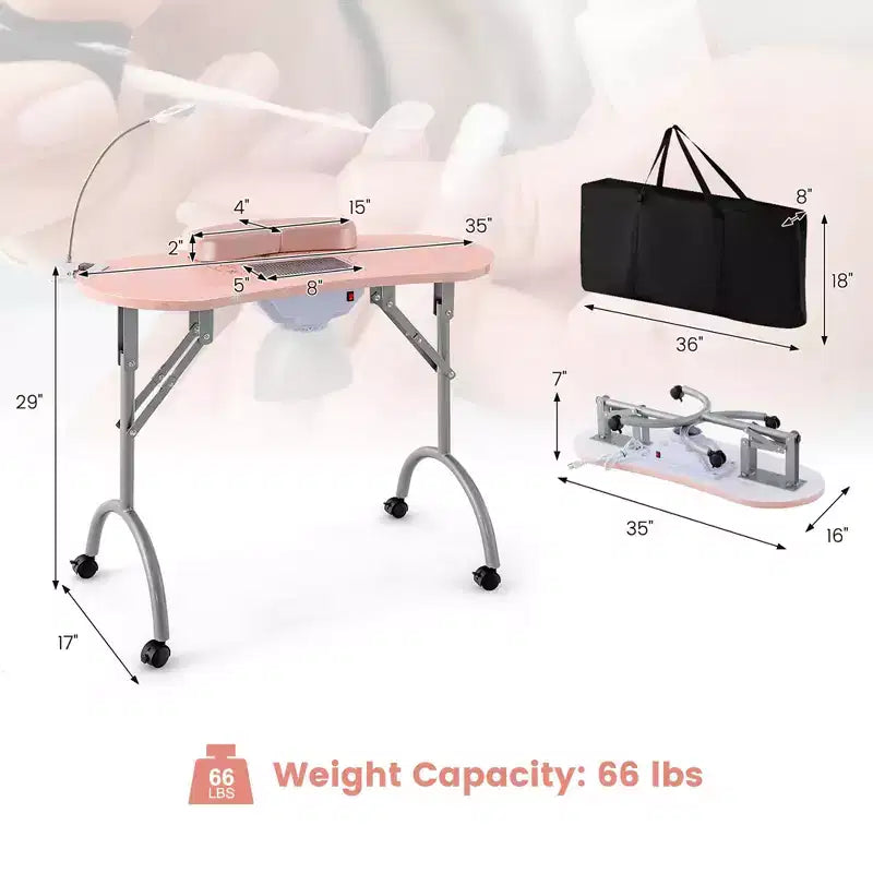Folding Manicure Table Portable Nail Desk with Dust Collector, LED Lamp & Carry Bag