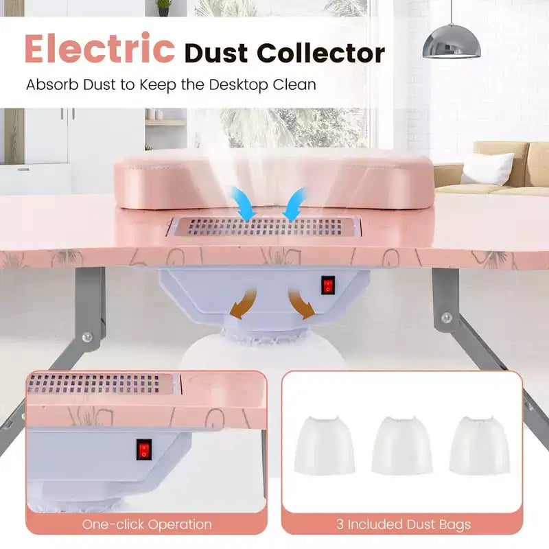 Folding Manicure Table Portable Nail Desk with Dust Collector, LED Lamp & Carry Bag