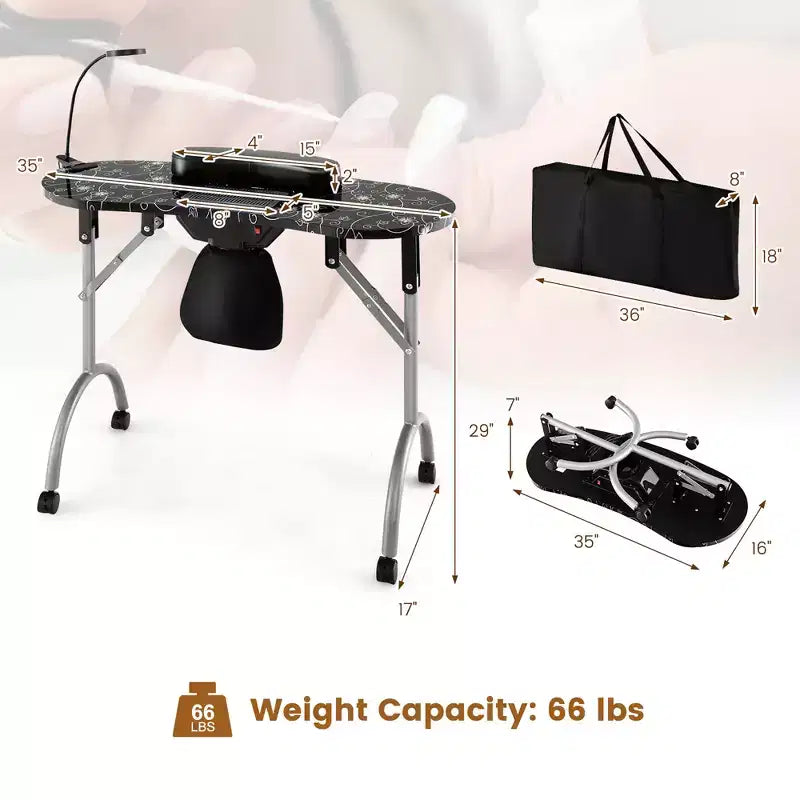Folding Manicure Table Portable Nail Desk with Dust Collector, LED Lamp & Carry Bag