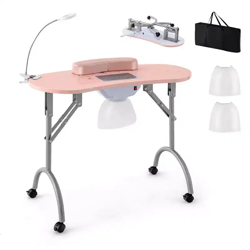 Folding Manicure Table Portable Nail Desk with Dust Collector, LED Lamp & Carry Bag