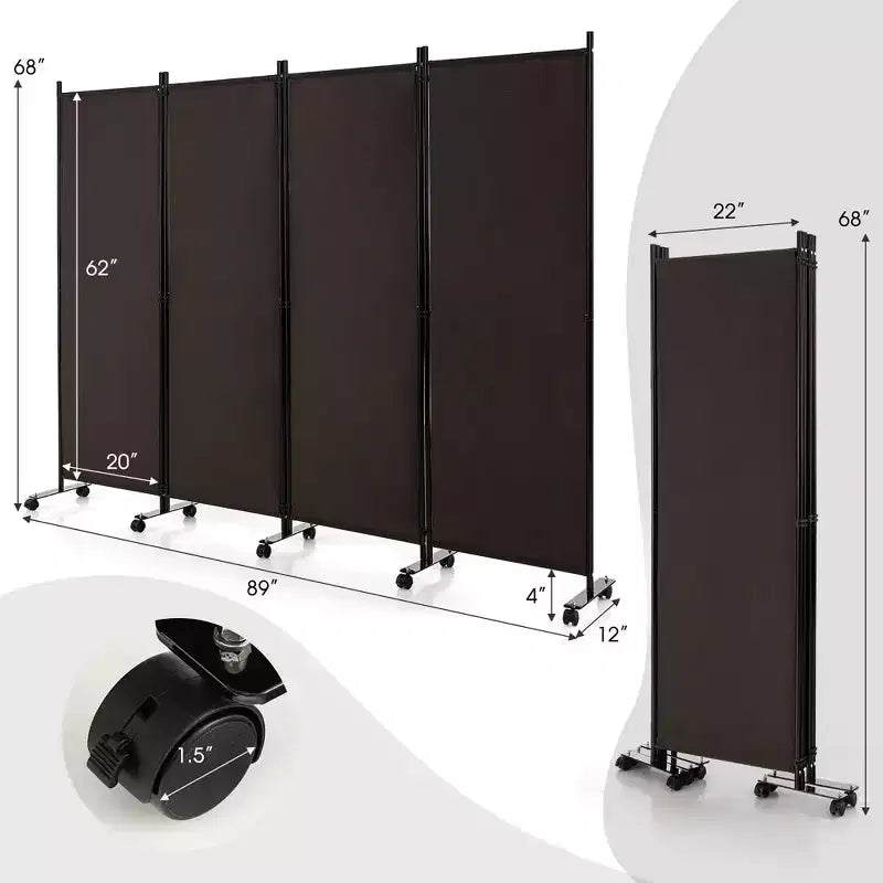 4-Panel Folding Room Divider 6FT Rolling Privacy Screen with Lockable Wheels Black/Brown/Grey/White