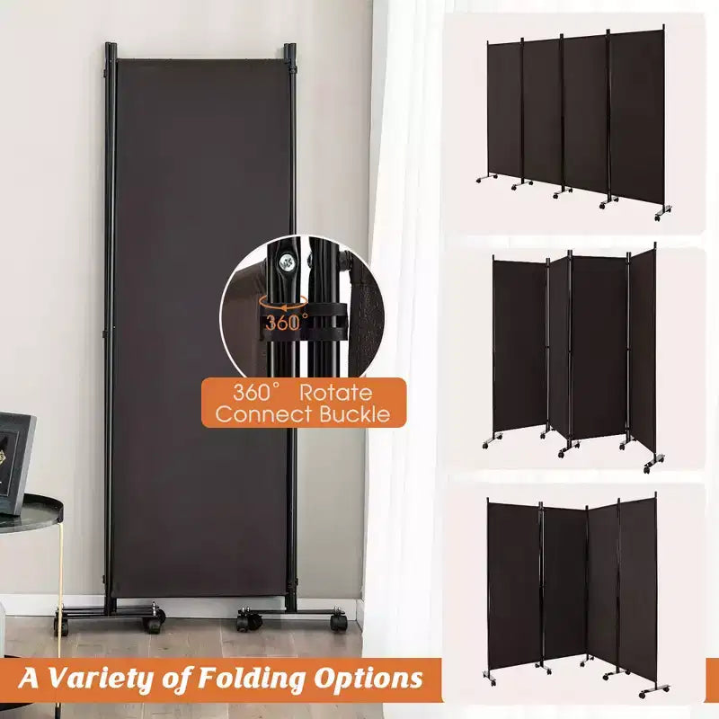 4-Panel Folding Room Divider 6FT Rolling Privacy Screen with Lockable Wheels Black/Brown/Grey/White