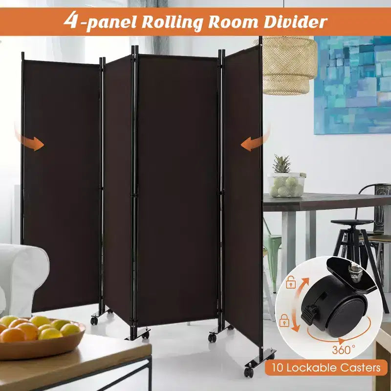 4-Panel Folding Room Divider 6FT Rolling Privacy Screen with Lockable Wheels Black/Brown/Grey/White