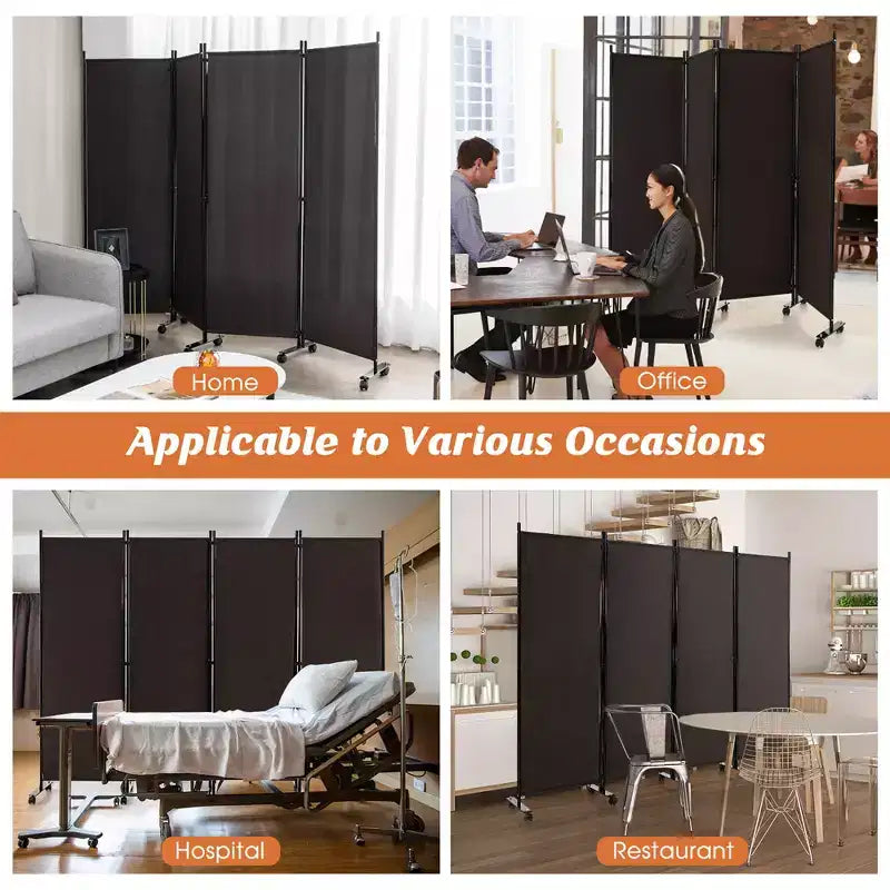 4-Panel Folding Room Divider 6FT Rolling Privacy Screen with Lockable Wheels Black/Brown/Grey/White