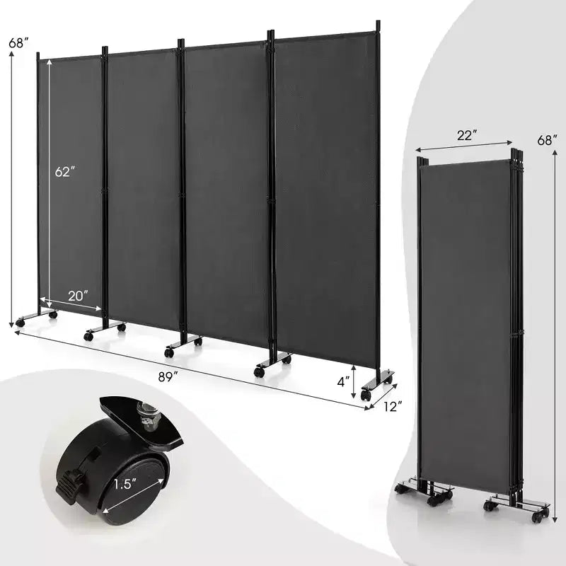 4-Panel Folding Room Divider 6FT Rolling Privacy Screen with Lockable Wheels Black/Brown/Grey/White