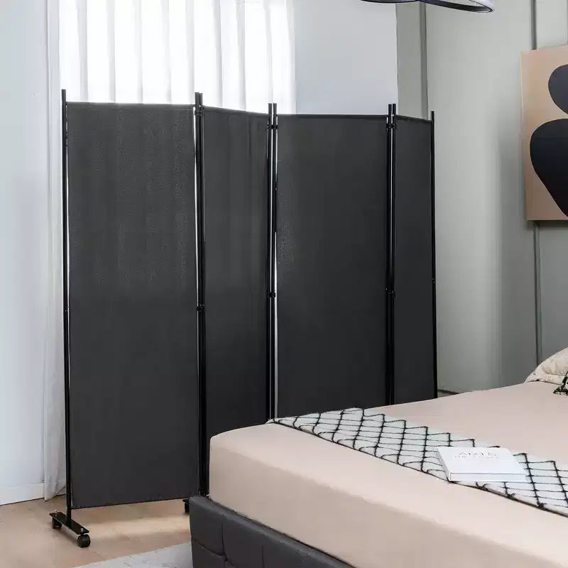 4-Panel Folding Room Divider 6FT Rolling Privacy Screen with Lockable Wheels Black/Brown/Grey/White
