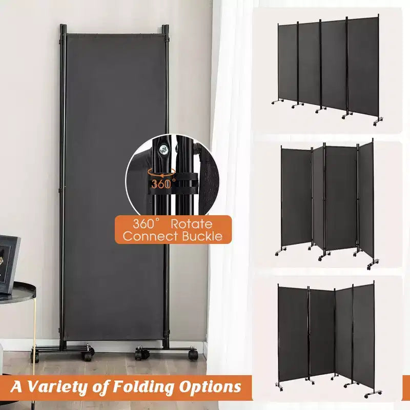 4-Panel Folding Room Divider 6FT Rolling Privacy Screen with Lockable Wheels Black/Brown/Grey/White