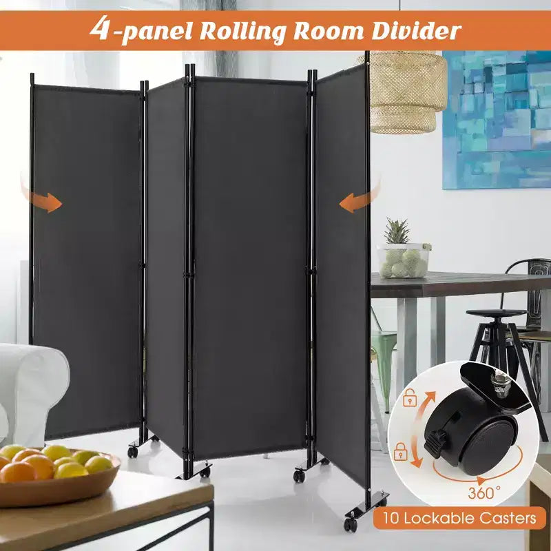 4-Panel Folding Room Divider 6FT Rolling Privacy Screen with Lockable Wheels Black/Brown/Grey/White