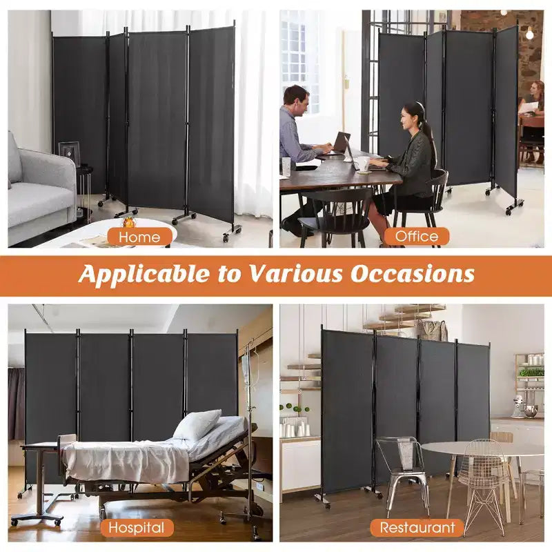 4-Panel Folding Room Divider 6FT Rolling Privacy Screen with Lockable Wheels Black/Brown/Grey/White