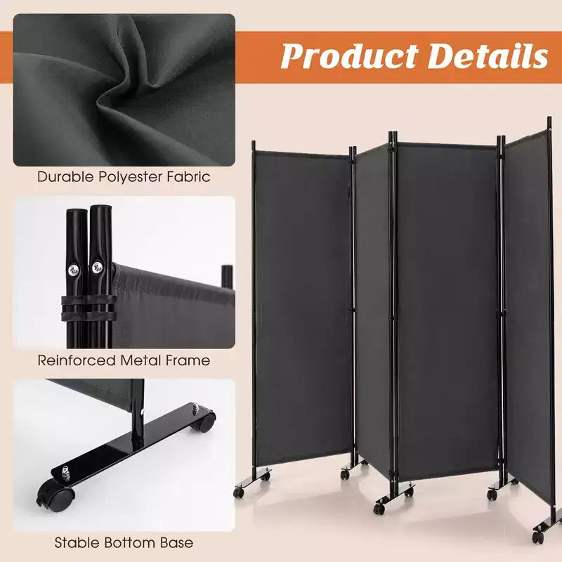 4-Panel Folding Room Divider 6FT Rolling Privacy Screen with Lockable Wheels Black/Brown/Grey/White
