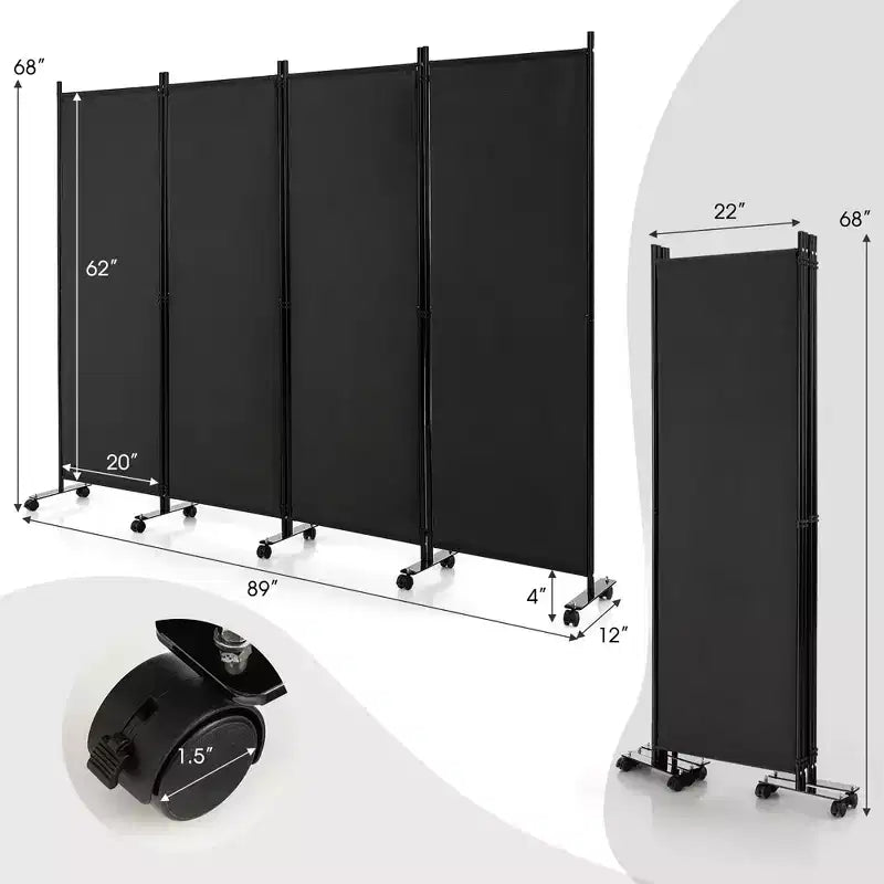 4-Panel Folding Room Divider 6FT Rolling Privacy Screen with Lockable Wheels Black/Brown/Grey/White
