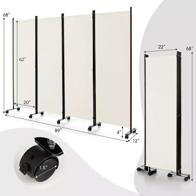 4-Panel Folding Room Divider 6FT Rolling Privacy Screen with Lockable Wheels Black/Brown/Grey/White