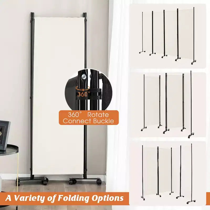 4-Panel Folding Room Divider 6FT Rolling Privacy Screen with Lockable Wheels Black/Brown/Grey/White