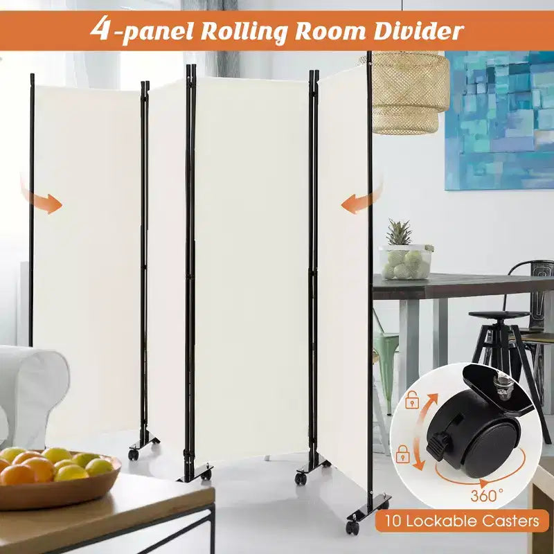 4-Panel Folding Room Divider 6FT Rolling Privacy Screen with Lockable Wheels Black/Brown/Grey/White