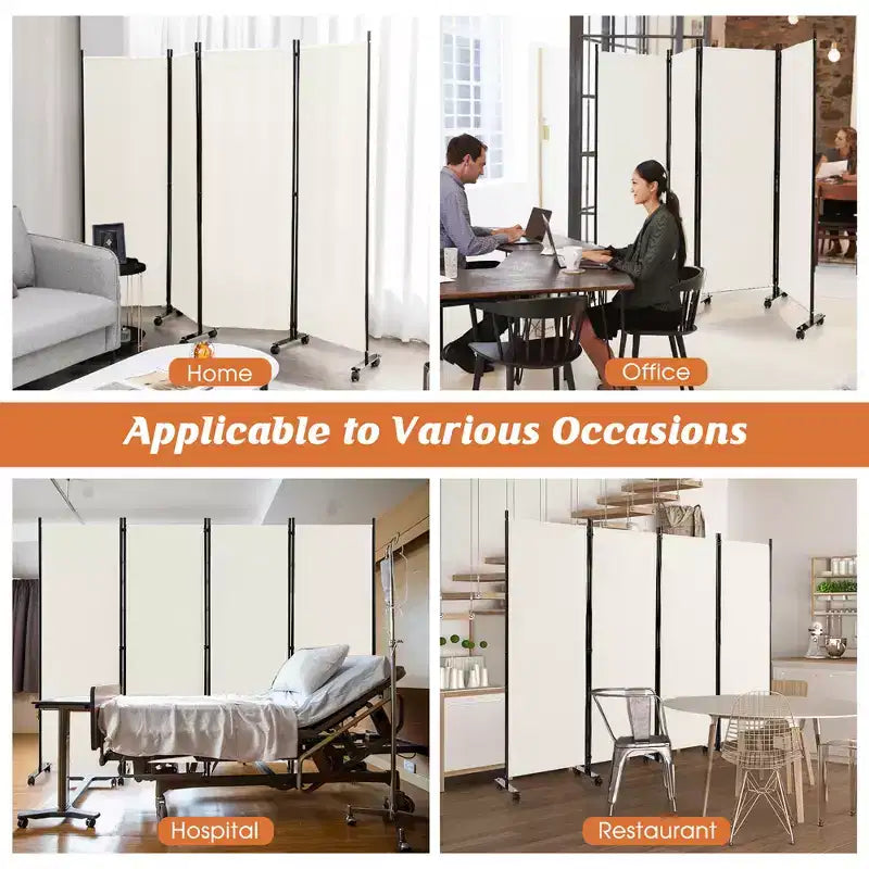 4-Panel Folding Room Divider 6FT Rolling Privacy Screen with Lockable Wheels Black/Brown/Grey/White