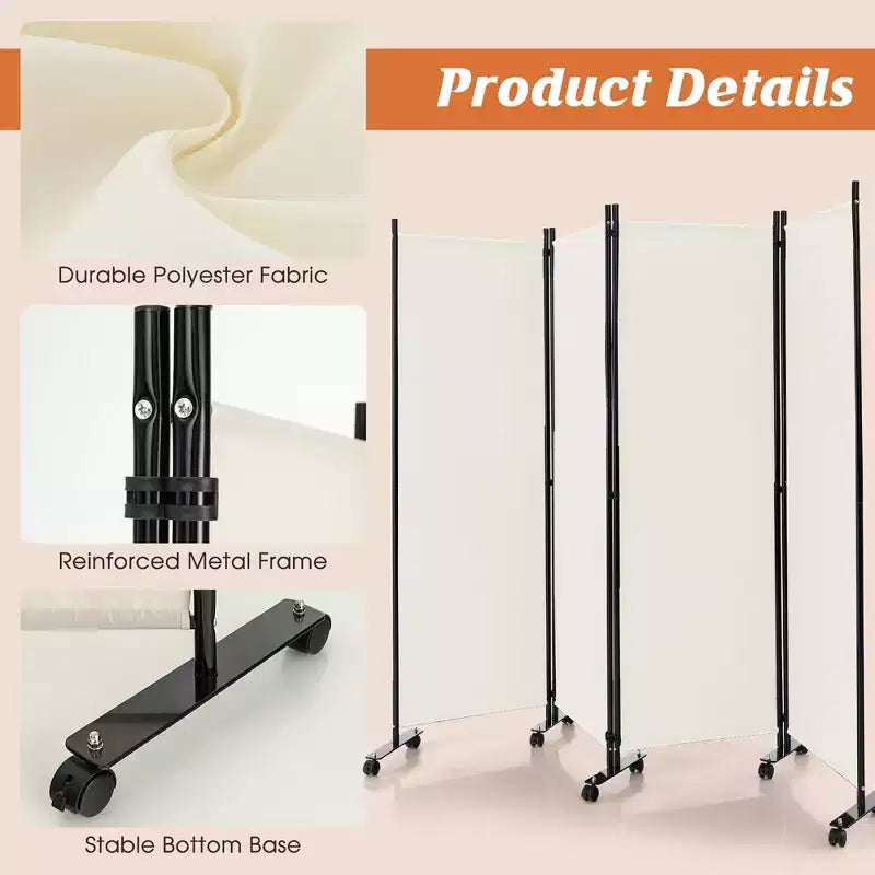 4-Panel Folding Room Divider 6FT Rolling Privacy Screen with Lockable Wheels Black/Brown/Grey/White