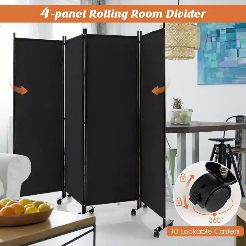 4-Panel Folding Room Divider 6FT Rolling Privacy Screen with Lockable Wheels Black/Brown/Grey/White