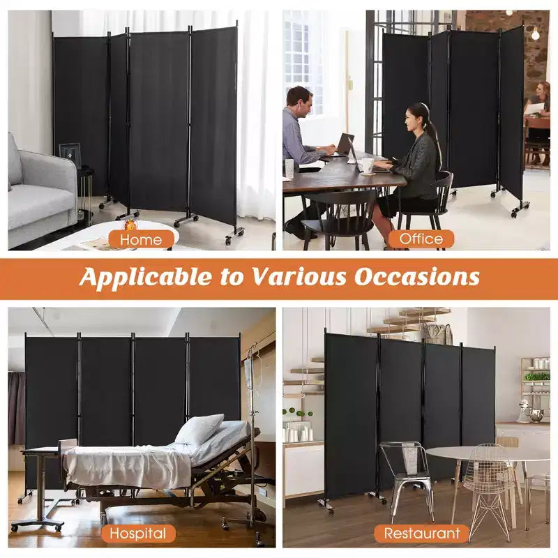 4-Panel Folding Room Divider 6FT Rolling Privacy Screen with Lockable Wheels Black/Brown/Grey/White
