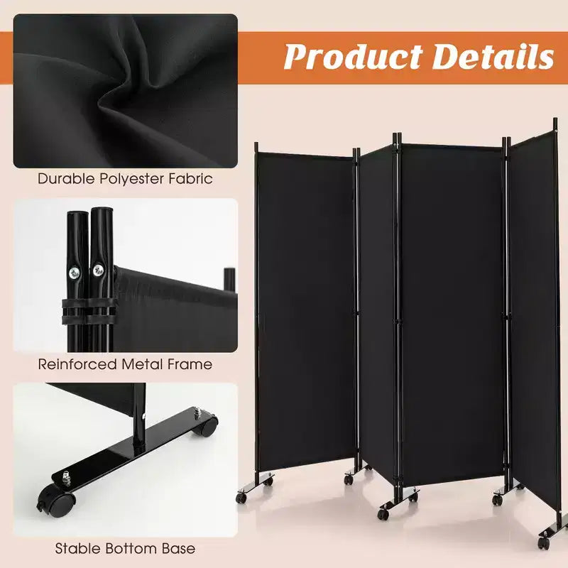 4-Panel Folding Room Divider 6FT Rolling Privacy Screen with Lockable Wheels Black/Brown/Grey/White