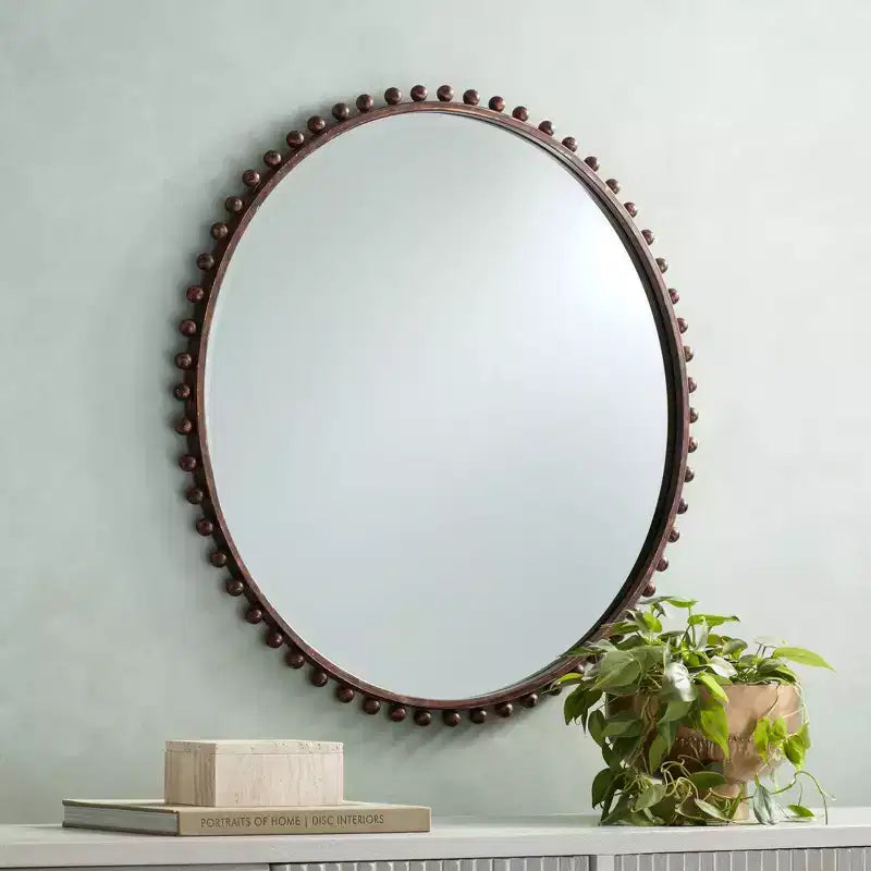 Round Vanity Decorative Wall Mirror Rustic Beveled Glass Dark Bronze Beaded Iron Frame 32 Wide for Bathroom Living Room