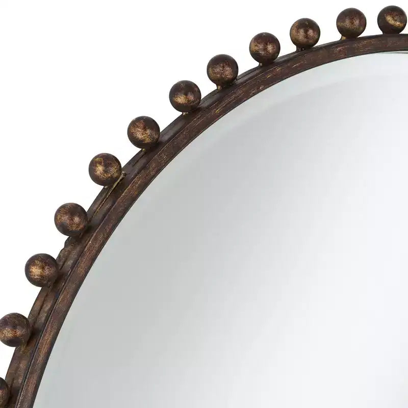 Round Vanity Decorative Wall Mirror Rustic Beveled Glass Dark Bronze Beaded Iron Frame 32 Wide for Bathroom Living Room