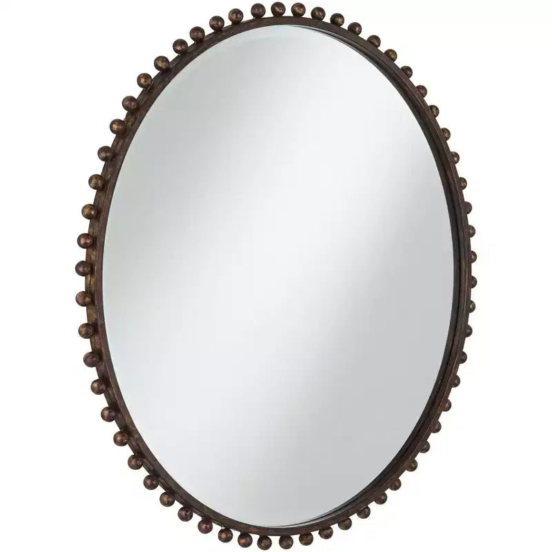 Round Vanity Decorative Wall Mirror Rustic Beveled Glass Dark Bronze Beaded Iron Frame 32 Wide for Bathroom Living Room