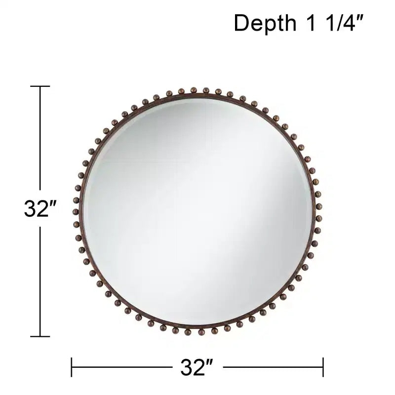 Round Vanity Decorative Wall Mirror Rustic Beveled Glass Dark Bronze Beaded Iron Frame 32 Wide for Bathroom Living Room