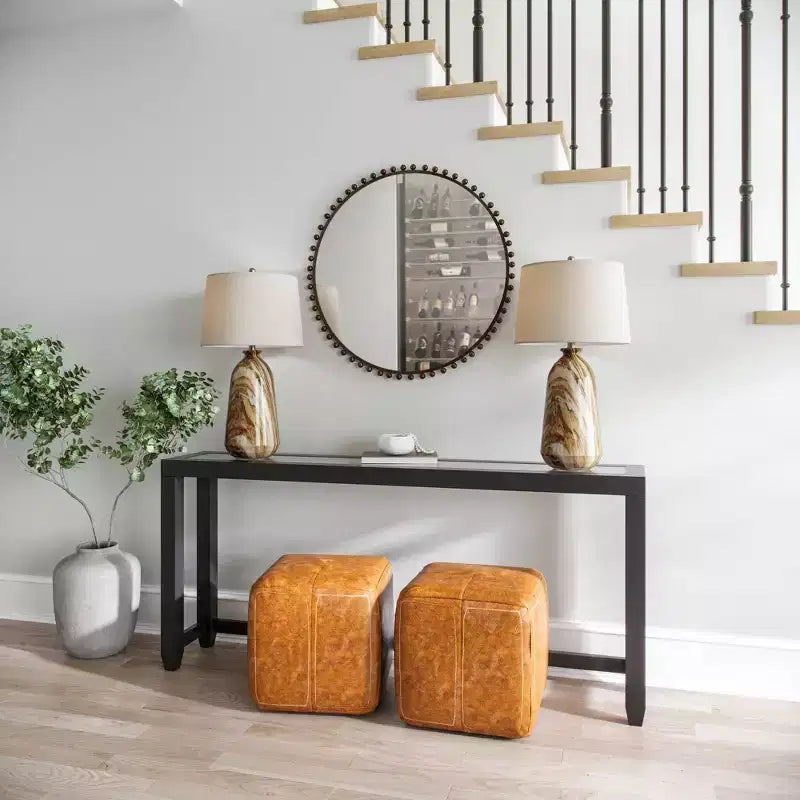 Round Vanity Decorative Wall Mirror Rustic Beveled Glass Dark Bronze Beaded Iron Frame 32 Wide for Bathroom Living Room